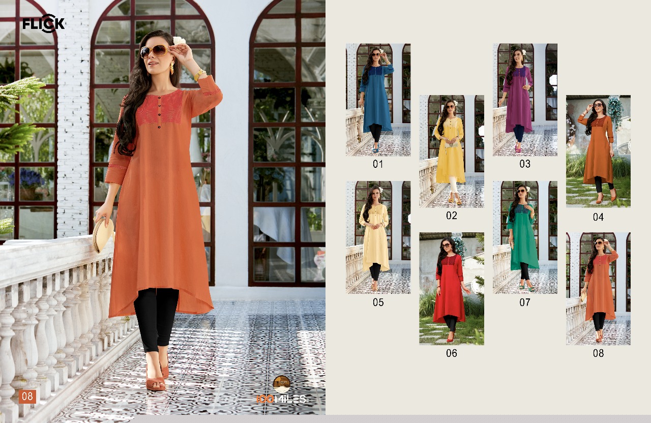 Flick By 100 Miles 01 To 08 Series Beautiful Stylish Fancy Colorful Casual Wear & Ethnic Wear Cotton Embroidered Kurtis At Wholesale Price