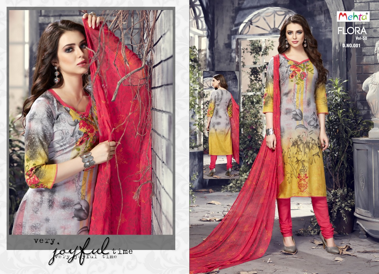 Flora Vol-50 By Mehta 001 To 010 Series Beautiful Suits Stylish Colorful Fancy Casual Wear & Ethnic Wear Cotton Printed Dresses At Wholesale Price