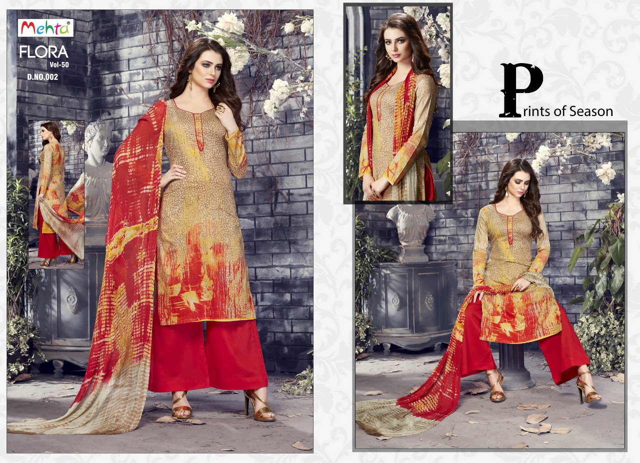 Flora Vol-50 By Mehta 001 To 010 Series Beautiful Suits Stylish Colorful Fancy Casual Wear & Ethnic Wear Cotton Printed Dresses At Wholesale Price