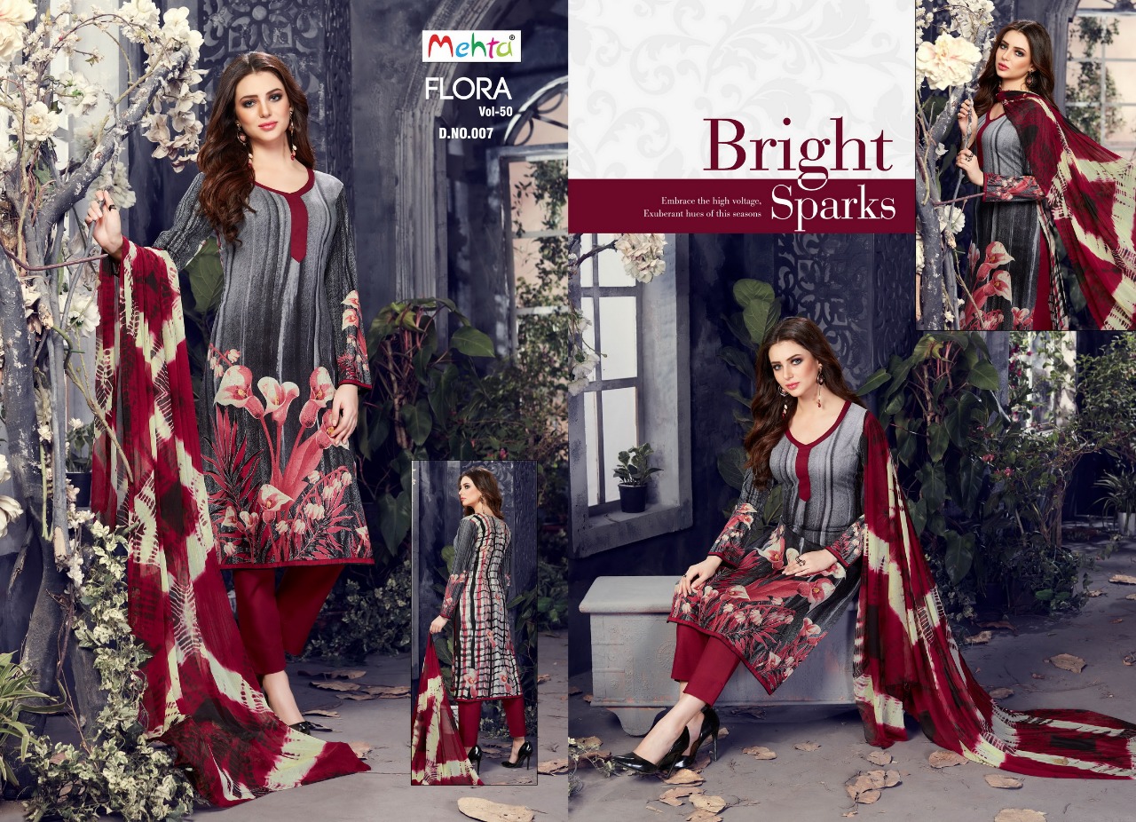 Flora Vol-50 By Mehta 001 To 010 Series Beautiful Suits Stylish Colorful Fancy Casual Wear & Ethnic Wear Cotton Printed Dresses At Wholesale Price