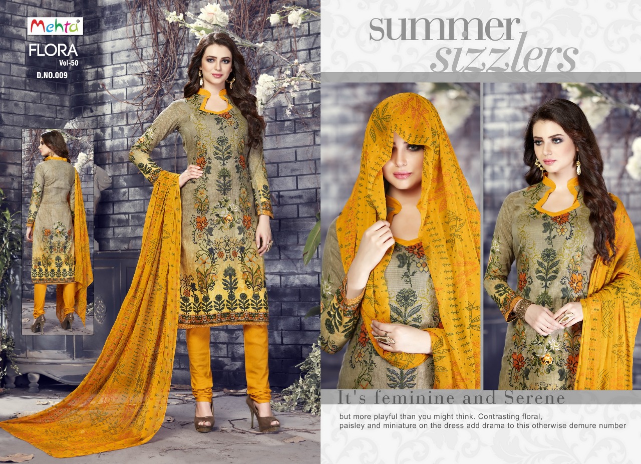 Flora Vol-50 By Mehta 001 To 010 Series Beautiful Suits Stylish Colorful Fancy Casual Wear & Ethnic Wear Cotton Printed Dresses At Wholesale Price