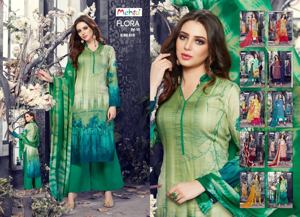 Flora Vol-50 By Mehta 001 To 010 Series Beautiful Suits Stylish Colorful Fancy Casual Wear & Ethnic Wear Cotton Printed Dresses At Wholesale Price