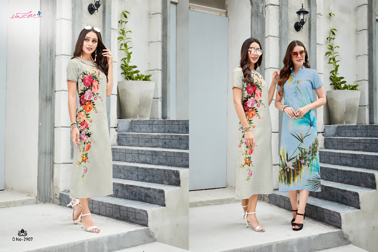 Floraine By Sin Zara 2901 To 2910 Series Beautiful Colorful Stylish Fancy Casual Wear & Ethnic Wear & Ready To Wear Linen With Digital Print Kurtis At Wholesale Price