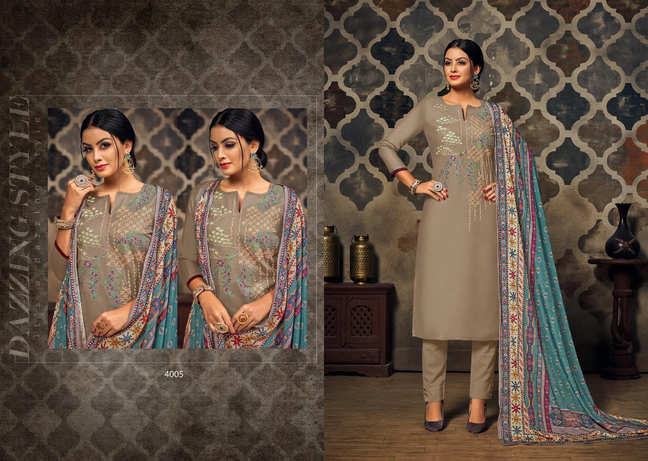 Florence By Aaa Design Studio 4001 To 4008 Series Beautiful Suits Stylish Colorful Fancy Casual Wear & Ethnic Wear Satin With Designer Embroidered Work Dresses At Wholesale Price