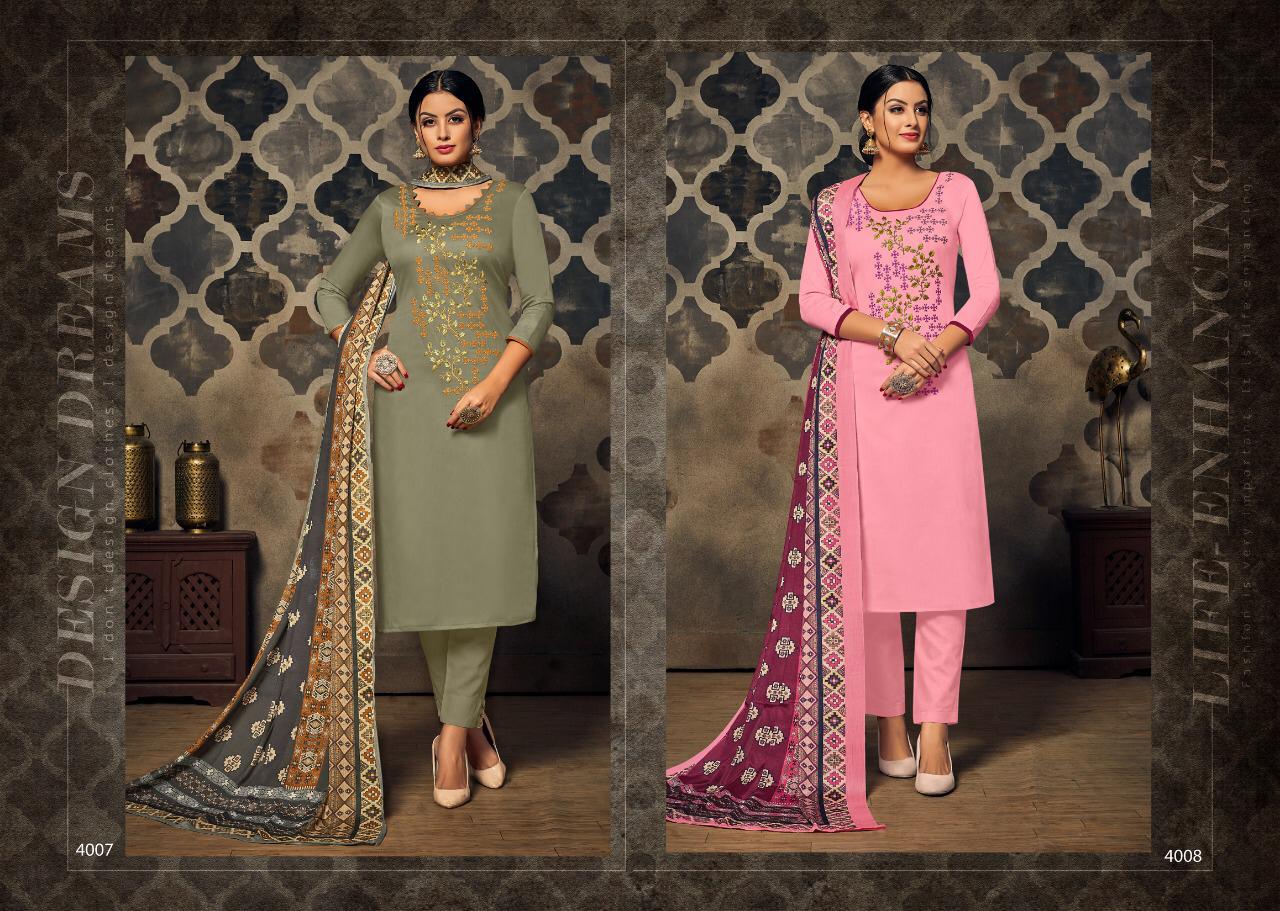 Florence By Aaa Design Studio 4001 To 4008 Series Beautiful Suits Stylish Colorful Fancy Casual Wear & Ethnic Wear Satin With Designer Embroidered Work Dresses At Wholesale Price