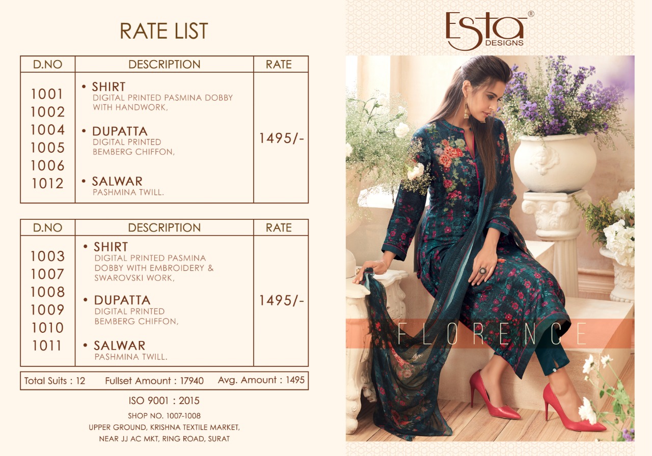 Florence By Esta Designs 1001 To 1012 Series Beautiful Winter Suits Collection Stylish Fancy Colorful Winter Wear & Ethnic Wear Pure Pashmina Embroidered Dresses At Wholesale Price