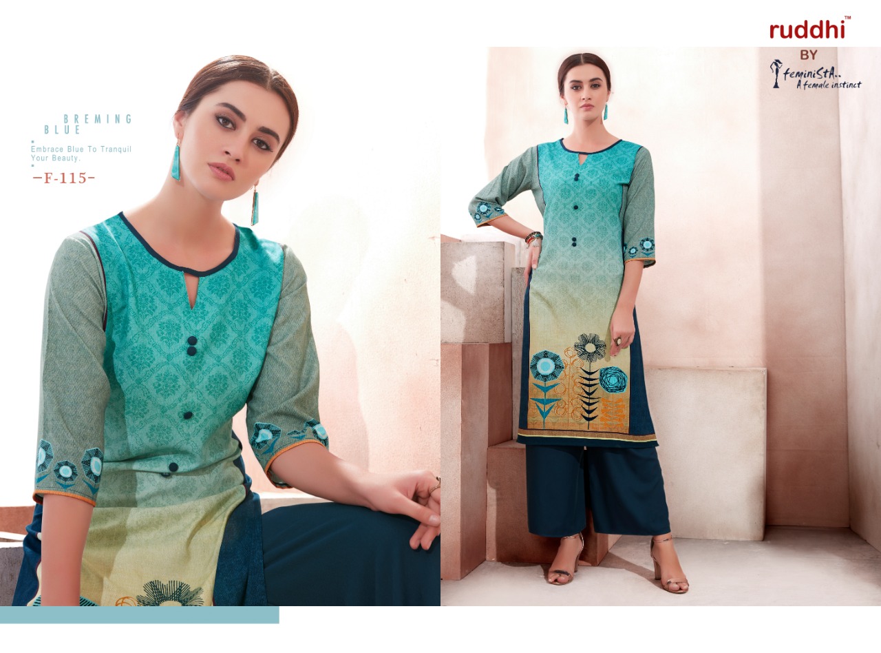 Florence By Feminista 111 To 118 Series Beautiful Colorful Stylish Fancy Casual Wear & Ethnic Wear & Ready To Wear Rayon Printed Kurtis With Bottom At Wholesale Price