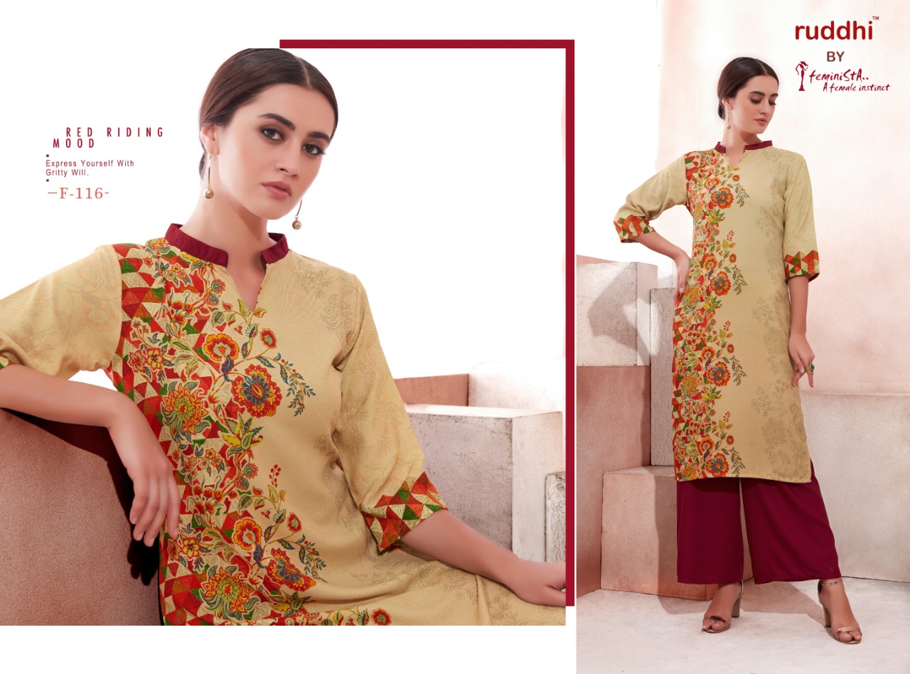 Florence By Feminista 111 To 118 Series Beautiful Colorful Stylish Fancy Casual Wear & Ethnic Wear & Ready To Wear Rayon Printed Kurtis With Bottom At Wholesale Price