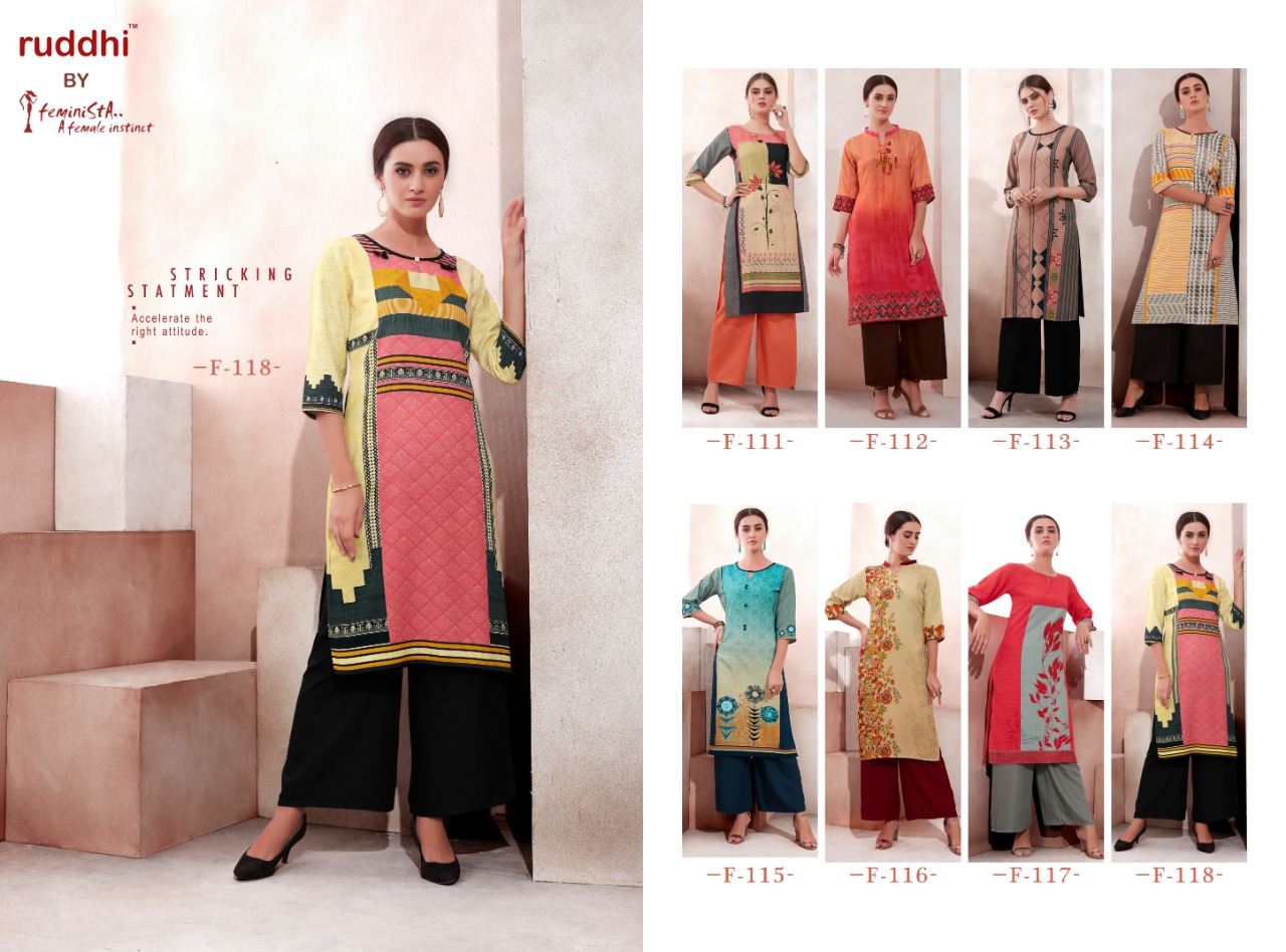 Florence By Feminista 111 To 118 Series Beautiful Colorful Stylish Fancy Casual Wear & Ethnic Wear & Ready To Wear Rayon Printed Kurtis With Bottom At Wholesale Price