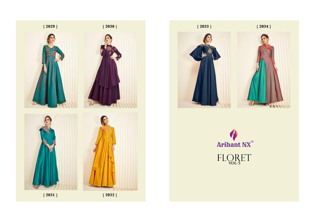 Floret Vol-5 By Arihant Designer 2029 To 2034 Series Designer Wear Collection Beautiful Stylish Fancy Colorful Party Wear & Occasional Wear Soft Satin Silk Embroidered Gowns At Wholesale Price