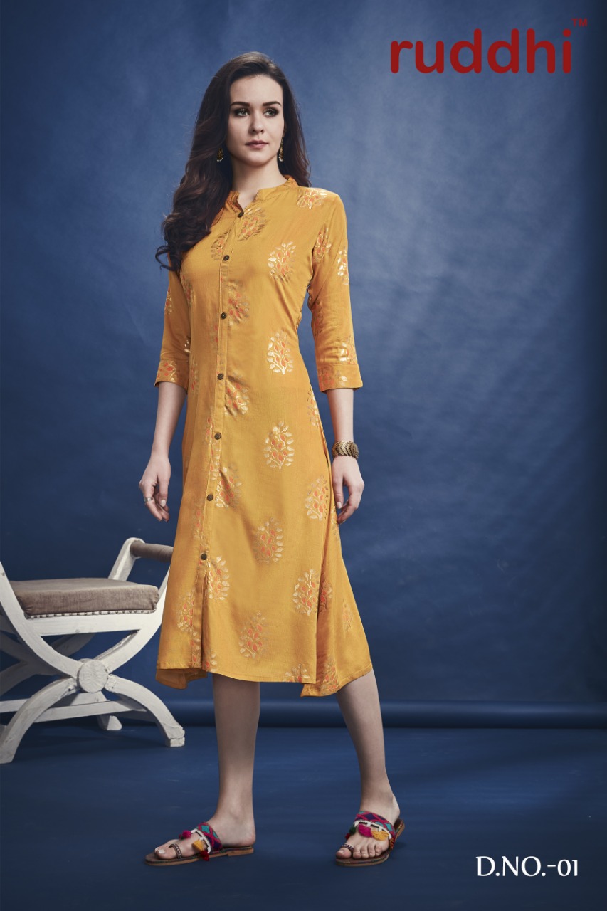 Foil Fusion By Ruddhi Dressline 01 To 06 Series Beautiful Stylish Fancy Colorful Casual Wear & Ethnic Wear & Ready To Wear Rayon With Foil Print Kurtis At Wholesale Price