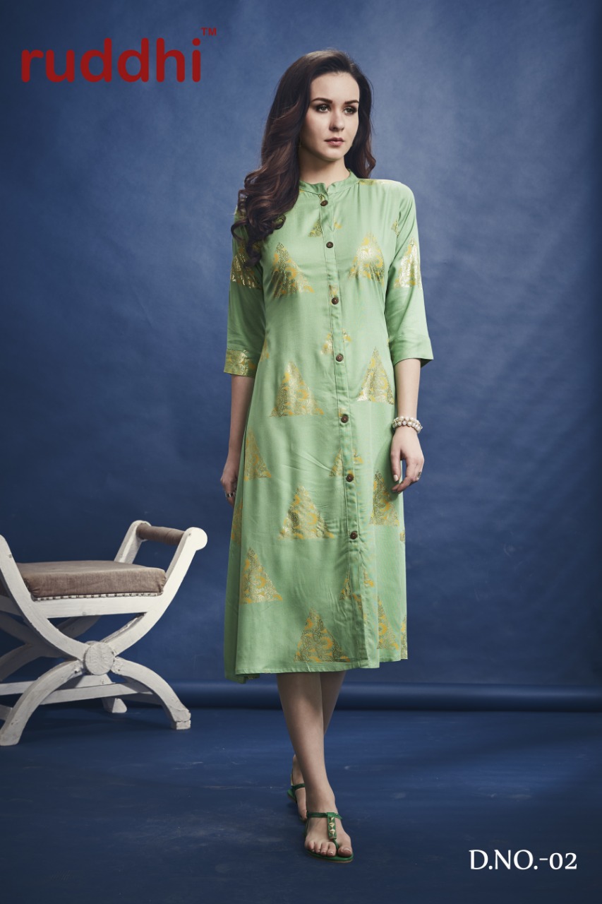 Foil Fusion By Ruddhi Dressline 01 To 06 Series Beautiful Stylish Fancy Colorful Casual Wear & Ethnic Wear & Ready To Wear Rayon With Foil Print Kurtis At Wholesale Price