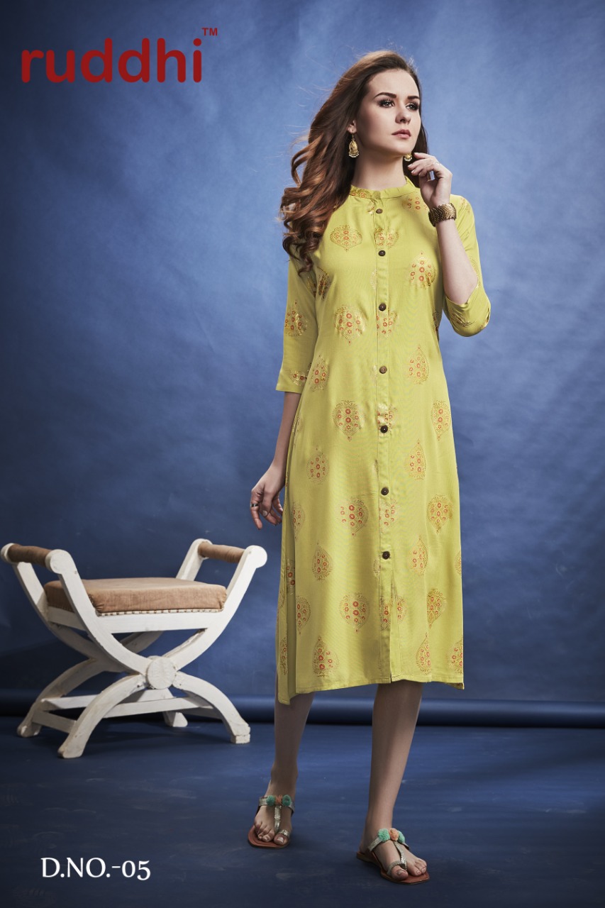 Foil Fusion By Ruddhi Dressline 01 To 06 Series Beautiful Stylish Fancy Colorful Casual Wear & Ethnic Wear & Ready To Wear Rayon With Foil Print Kurtis At Wholesale Price