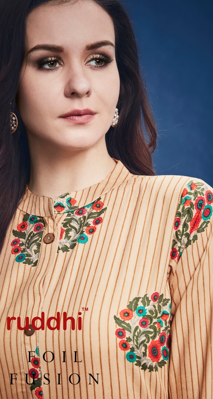 Foil Fusion By Ruddhi Dressline 01 To 06 Series Beautiful Stylish Fancy Colorful Casual Wear & Ethnic Wear & Ready To Wear Rayon With Foil Print Kurtis At Wholesale Price