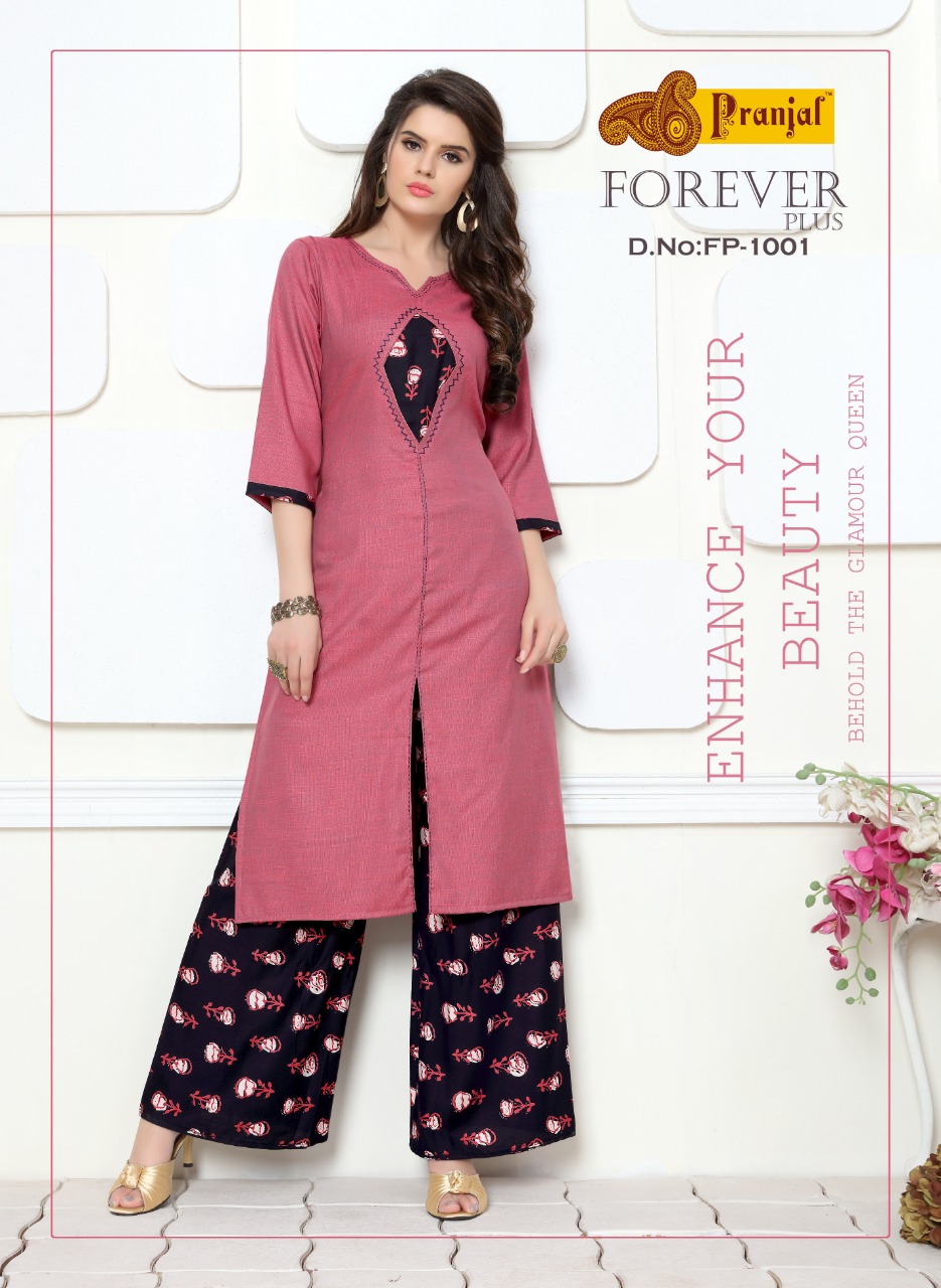 Forever Plus Vol-1 By Pranjal Creations 1001 To 1005 Series Indian Traditional Wear Collection Beautiful Stylish Fancy Colorful Party Wear & Occasional Wear Plain Rayon Slub Print Kurtis With Palazzo At Wholesale Price