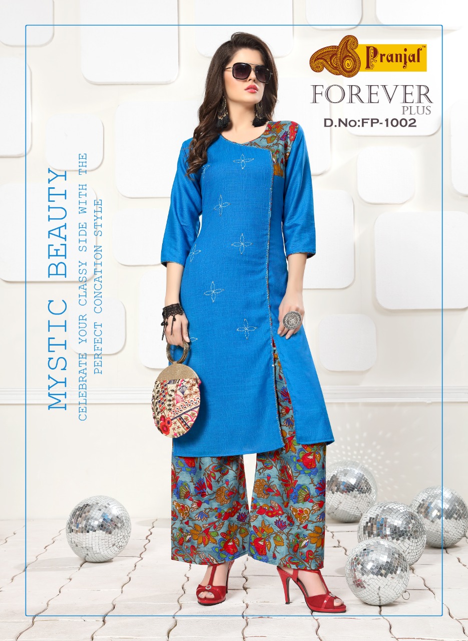 Forever Plus Vol-1 By Pranjal Creations 1001 To 1005 Series Indian Traditional Wear Collection Beautiful Stylish Fancy Colorful Party Wear & Occasional Wear Plain Rayon Slub Print Kurtis With Palazzo At Wholesale Price