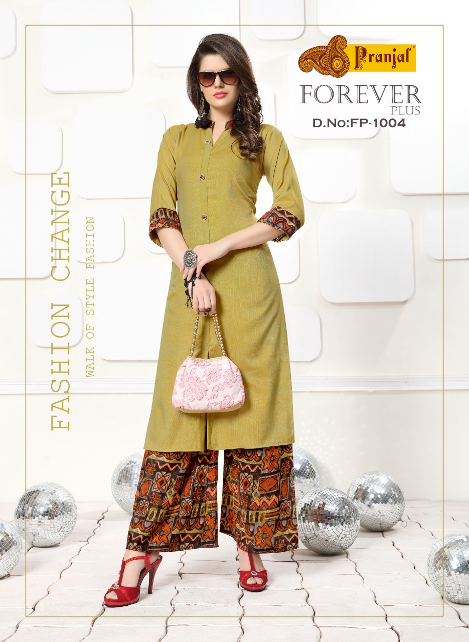 Forever Plus Vol-1 By Pranjal Creations 1001 To 1005 Series Indian Traditional Wear Collection Beautiful Stylish Fancy Colorful Party Wear & Occasional Wear Plain Rayon Slub Print Kurtis With Palazzo At Wholesale Price