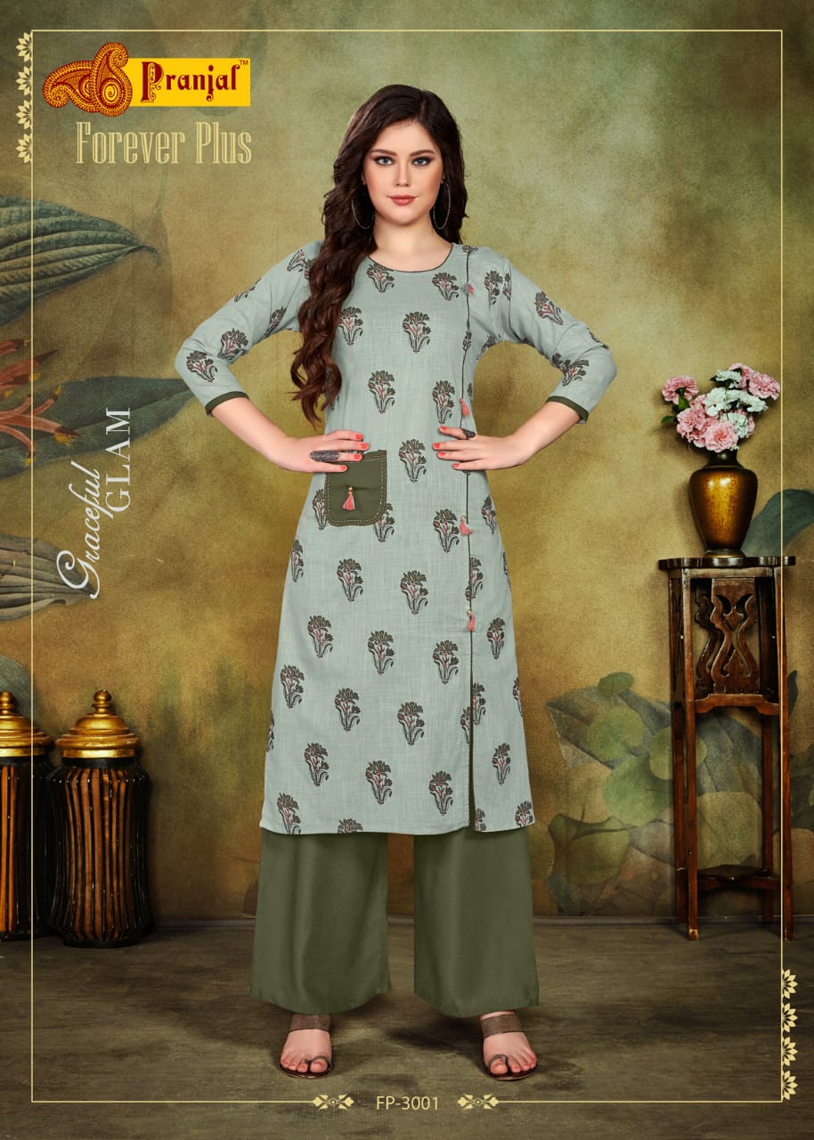 Foreve Plus Vol-3 By Pranjal Creation 3001 To 3006 Series Stylish Fancy Beautiful Colorful Casual Wear & Ethnic Wear Cotton Slub Printed Kurtis With Bottom At Wholesale Price
