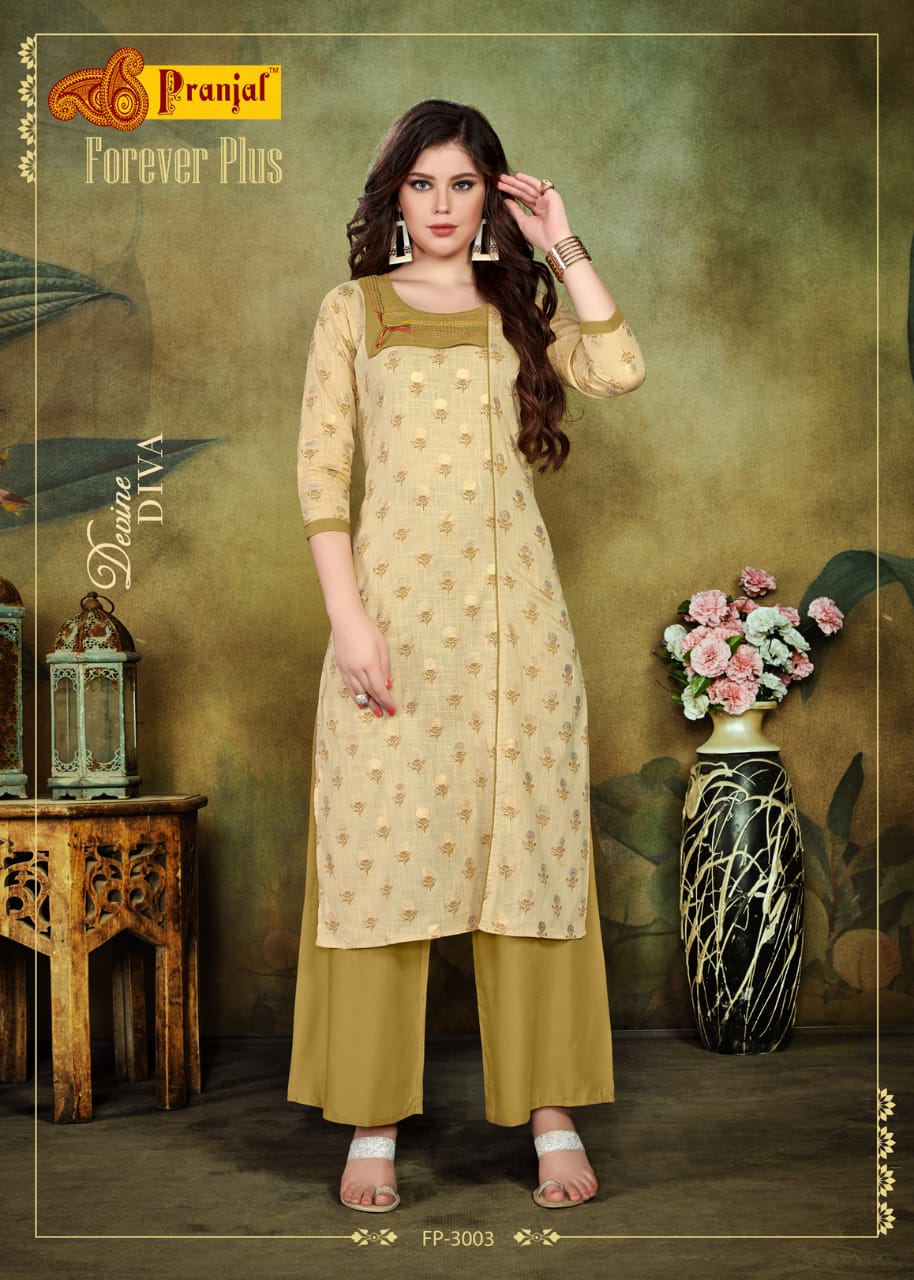 Foreve Plus Vol-3 By Pranjal Creation 3001 To 3006 Series Stylish Fancy Beautiful Colorful Casual Wear & Ethnic Wear Cotton Slub Printed Kurtis With Bottom At Wholesale Price