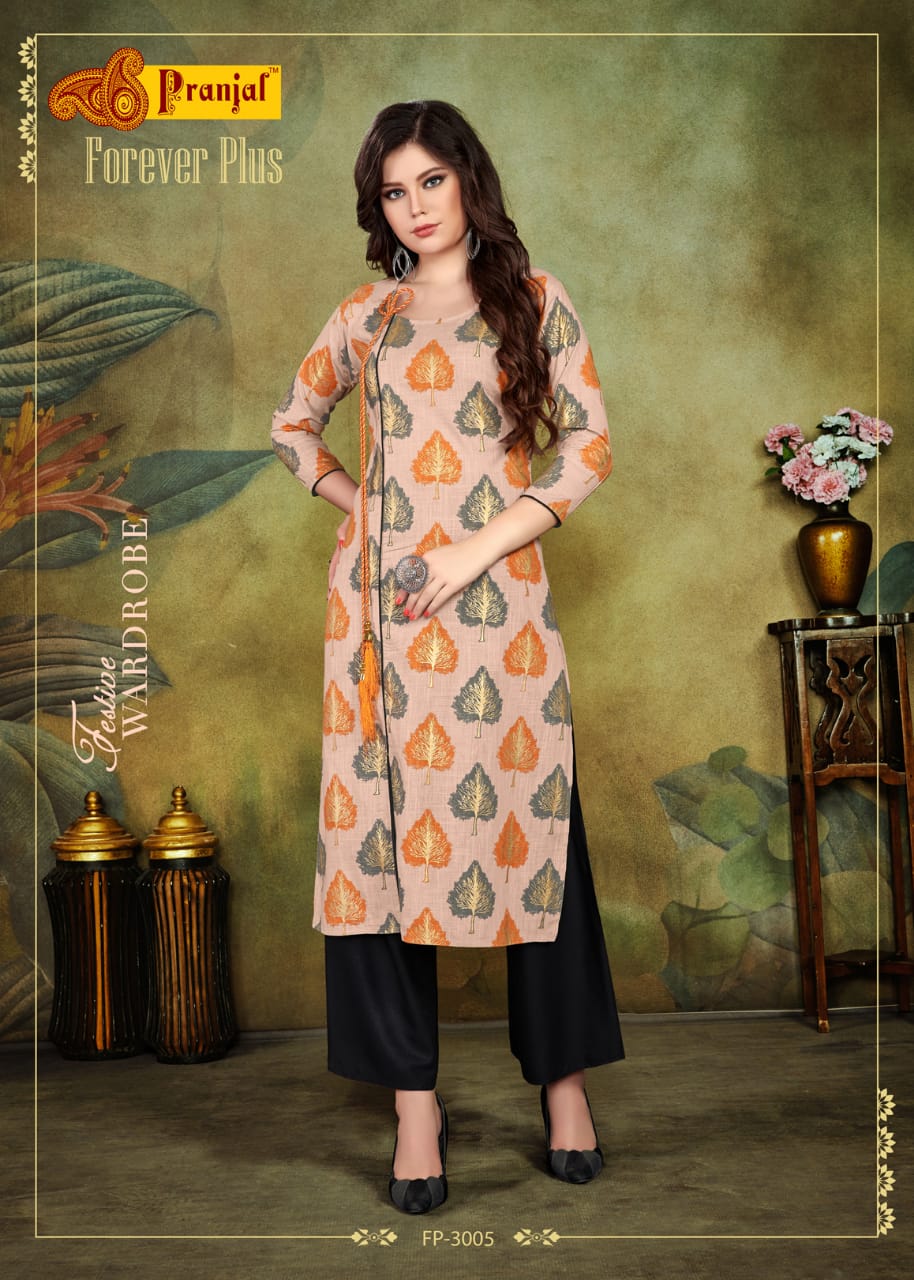 Foreve Plus Vol-3 By Pranjal Creation 3001 To 3006 Series Stylish Fancy Beautiful Colorful Casual Wear & Ethnic Wear Cotton Slub Printed Kurtis With Bottom At Wholesale Price