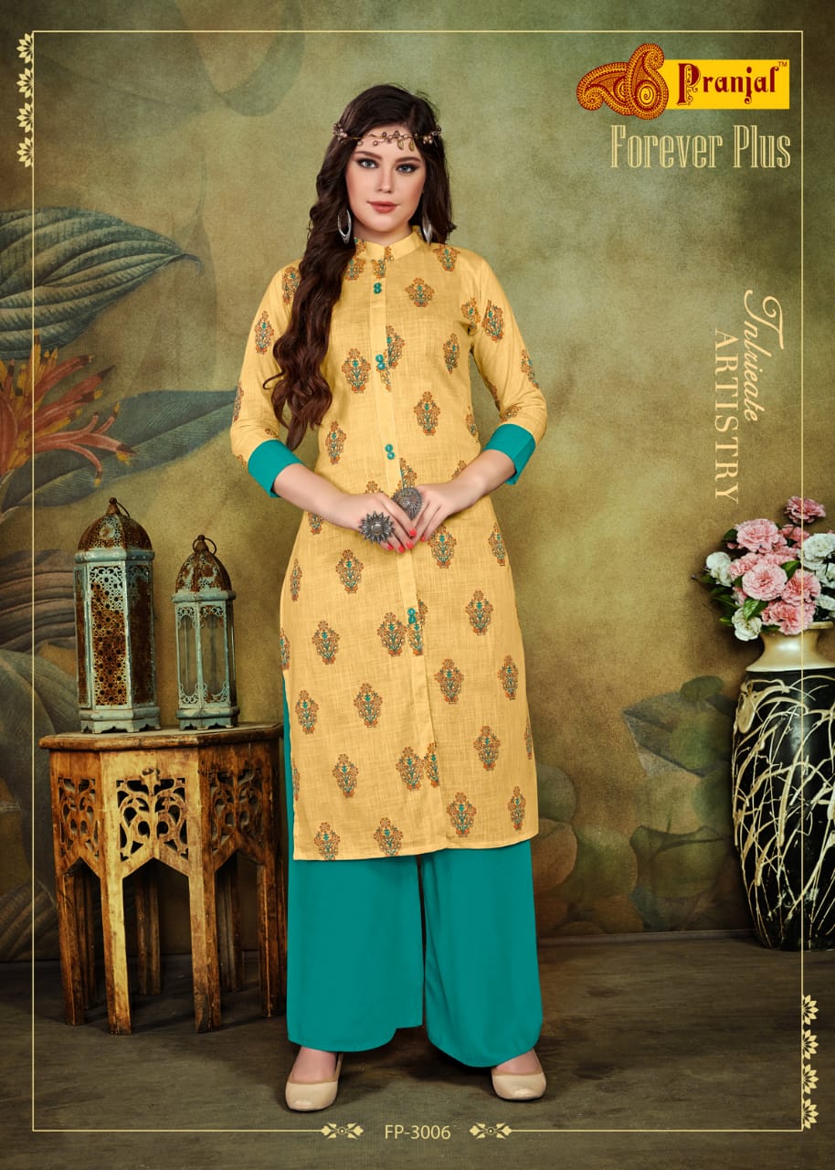 Foreve Plus Vol-3 By Pranjal Creation 3001 To 3006 Series Stylish Fancy Beautiful Colorful Casual Wear & Ethnic Wear Cotton Slub Printed Kurtis With Bottom At Wholesale Price