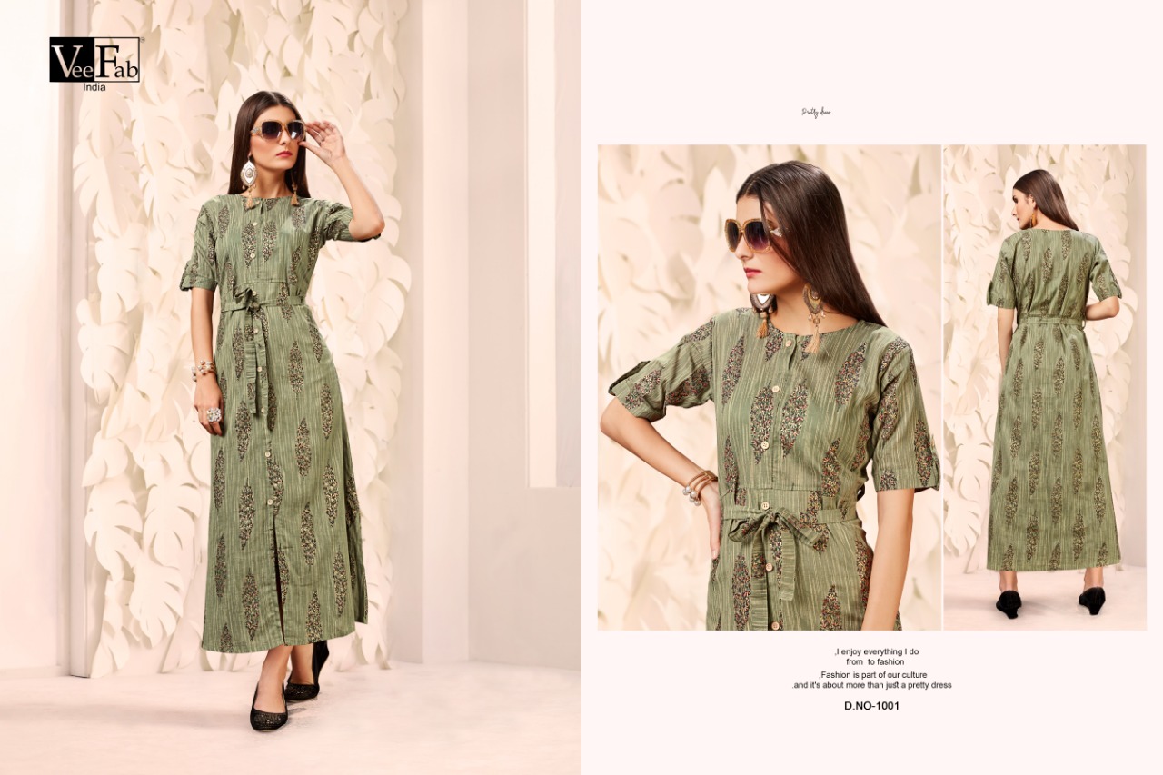 Fusion By Vee Fab 1001 To 1005 Series Beautiful Colorful Stylish Fancy Casual Wear & Ethnic Wear & Ready To Wear Heavy Cotton Foil Printed Kurtis At Wholesale Price