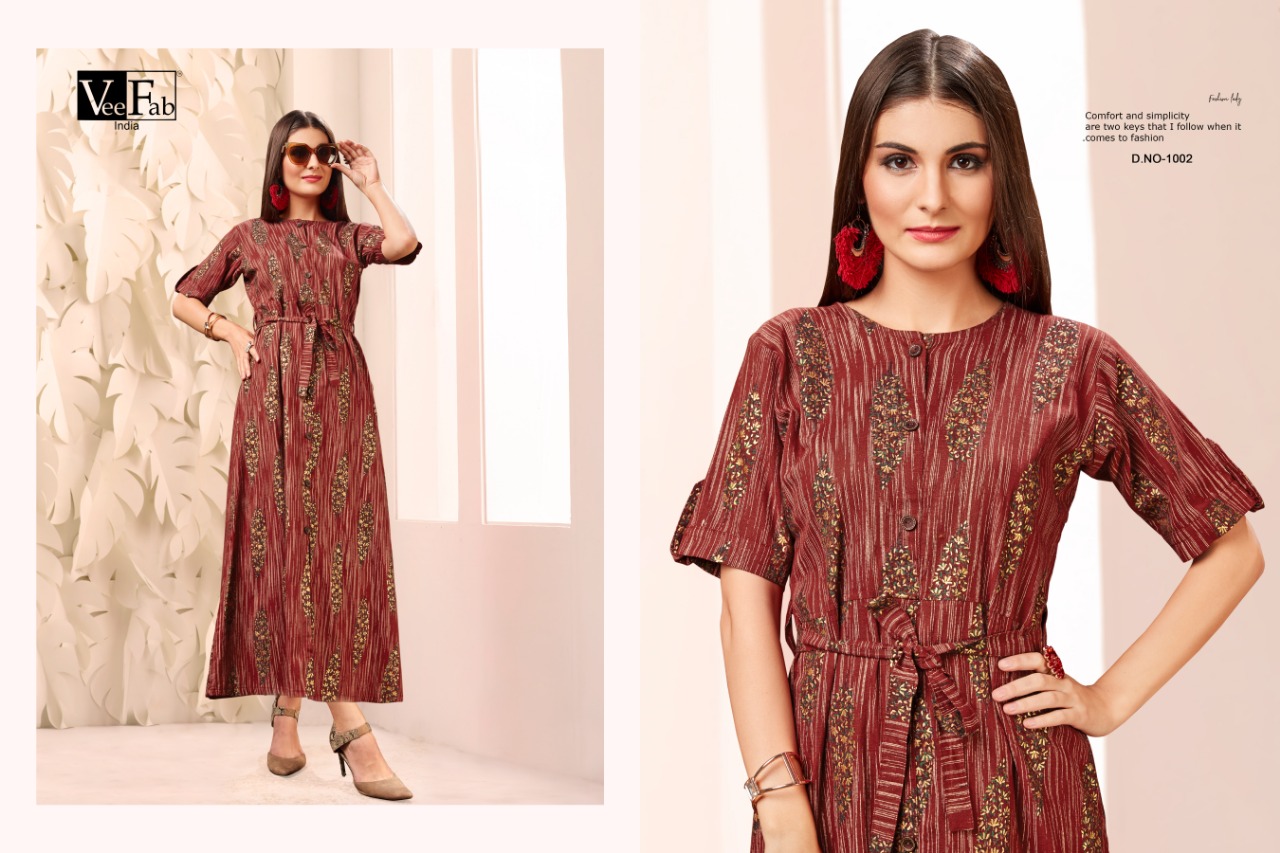 Fusion By Vee Fab 1001 To 1005 Series Beautiful Colorful Stylish Fancy Casual Wear & Ethnic Wear & Ready To Wear Heavy Cotton Foil Printed Kurtis At Wholesale Price