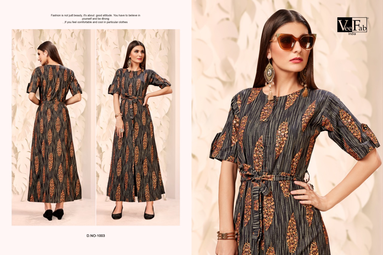 Fusion By Vee Fab 1001 To 1005 Series Beautiful Colorful Stylish Fancy Casual Wear & Ethnic Wear & Ready To Wear Heavy Cotton Foil Printed Kurtis At Wholesale Price