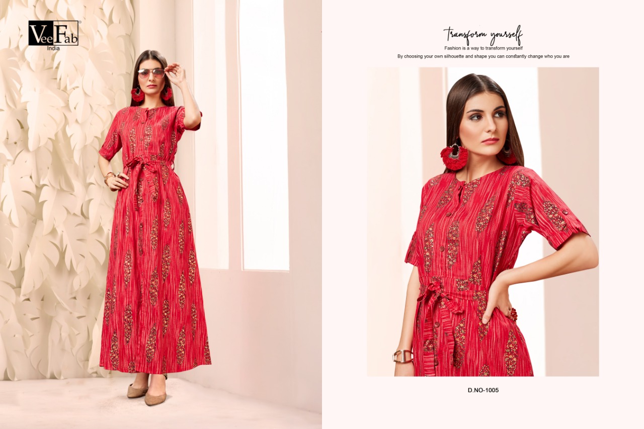 Fusion By Vee Fab 1001 To 1005 Series Beautiful Colorful Stylish Fancy Casual Wear & Ethnic Wear & Ready To Wear Heavy Cotton Foil Printed Kurtis At Wholesale Price