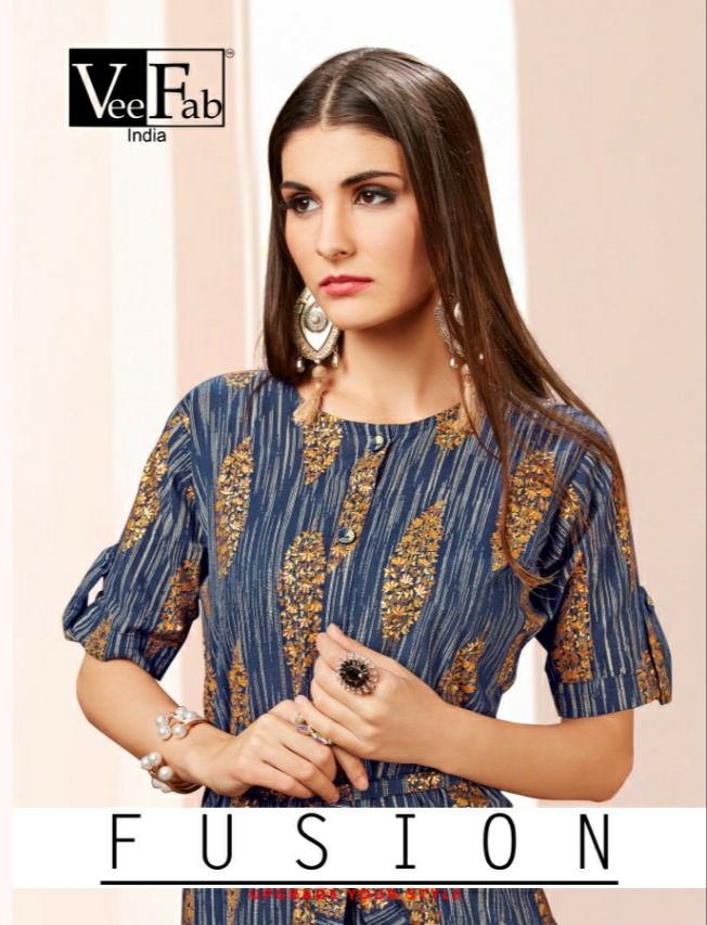 Fusion By Vee Fab 1001 To 1005 Series Beautiful Colorful Stylish Fancy Casual Wear & Ethnic Wear & Ready To Wear Heavy Cotton Foil Printed Kurtis At Wholesale Price