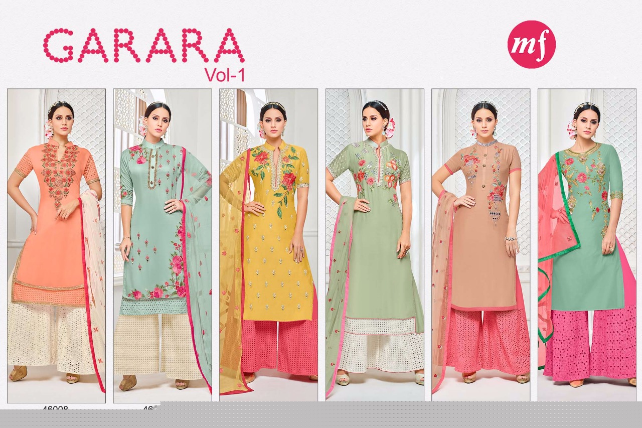 Garara Vol-1 By Mahaveer Fashion 46008 To 46013 Series Designer Suits Beautiful Stylish Fancy Colorful Party Wear & Occasional Wear Pure Muslin Silk Dresses At Wholesale Price