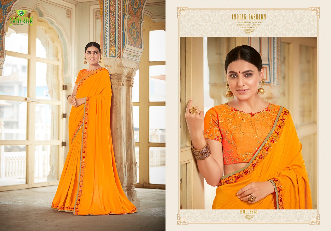 Gaura By Sanskar Tex Print 5241 To 5250 Series Indian Traditional Wear Collection Beautiful Stylish Fancy Colorful Party Wear & Occasional Wear Vichitra Chiffon Sarees At Wholesale Price
