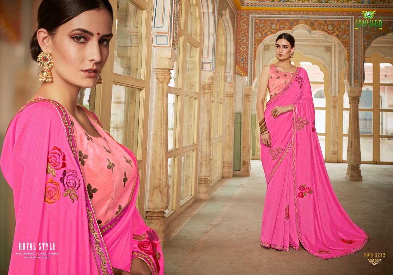 Gaura By Sanskar Tex Print 5241 To 5250 Series Indian Traditional Wear Collection Beautiful Stylish Fancy Colorful Party Wear & Occasional Wear Vichitra Chiffon Sarees At Wholesale Price