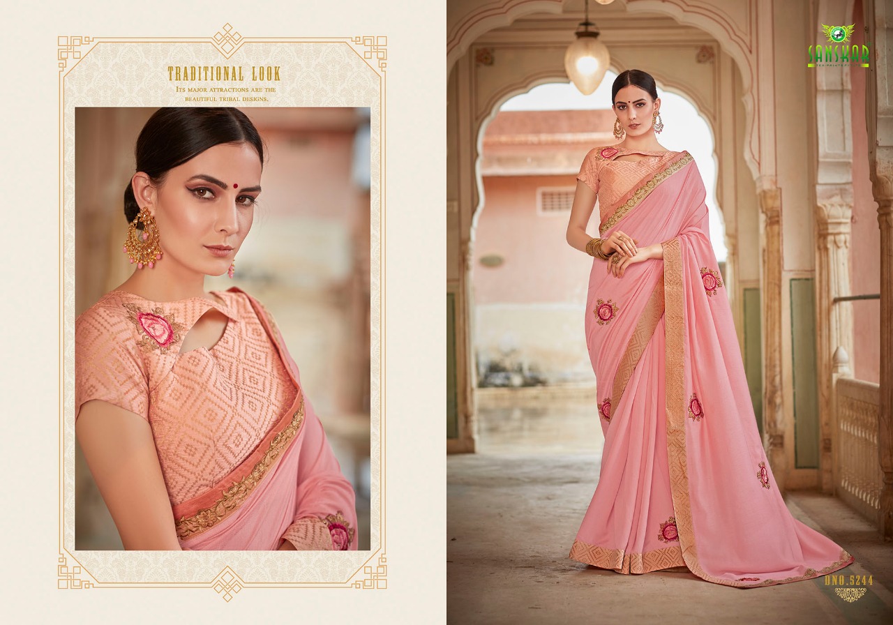 Gaura By Sanskar Tex Print 5241 To 5250 Series Indian Traditional Wear Collection Beautiful Stylish Fancy Colorful Party Wear & Occasional Wear Vichitra Chiffon Sarees At Wholesale Price