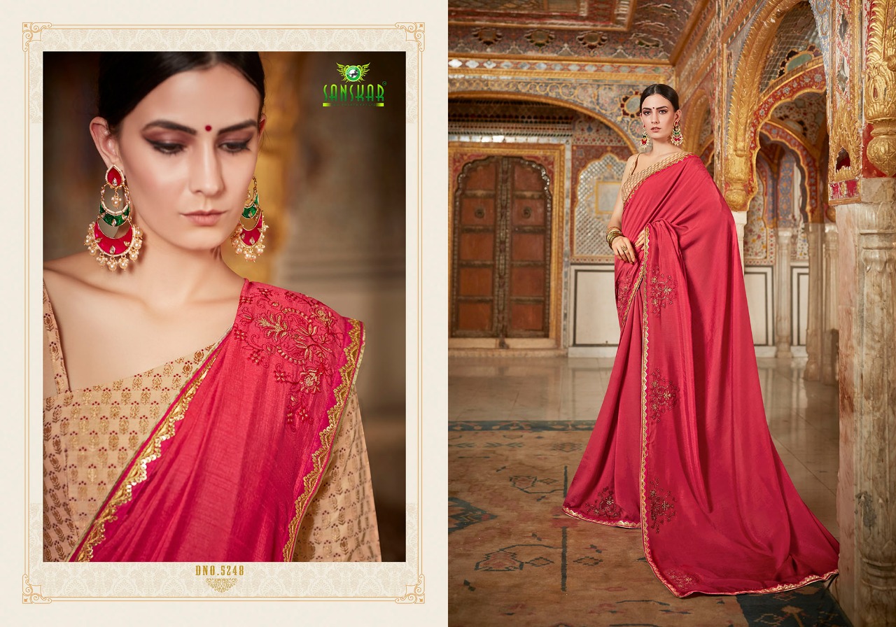 Gaura By Sanskar Tex Print 5241 To 5250 Series Indian Traditional Wear Collection Beautiful Stylish Fancy Colorful Party Wear & Occasional Wear Vichitra Chiffon Sarees At Wholesale Price