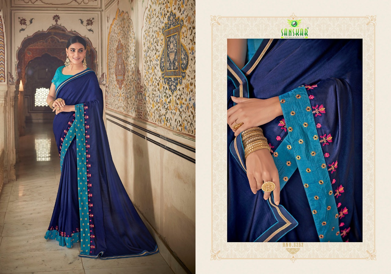 Gaura By Sanskar Tex Print 5241 To 5250 Series Indian Traditional Wear Collection Beautiful Stylish Fancy Colorful Party Wear & Occasional Wear Vichitra Chiffon Sarees At Wholesale Price