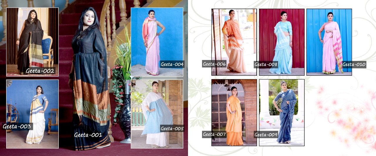Geeta By Wega 001 To 010 Series Indian Traditional Wear Collection Beautiful Stylish Fancy Colorful Party Wear & Occasional Wear Soft Linen Cotton Slub Zari Weaving Sarees At Wholesale Price