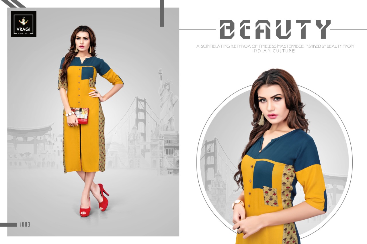 Glamorize By Vragi 1001 To 1008 Series Beautiful Colorful Stylish Fancy Casual Wear & Ethnic Wear & Ready To Wear Heavy Rayon Printed Kurtis At Wholesale Price