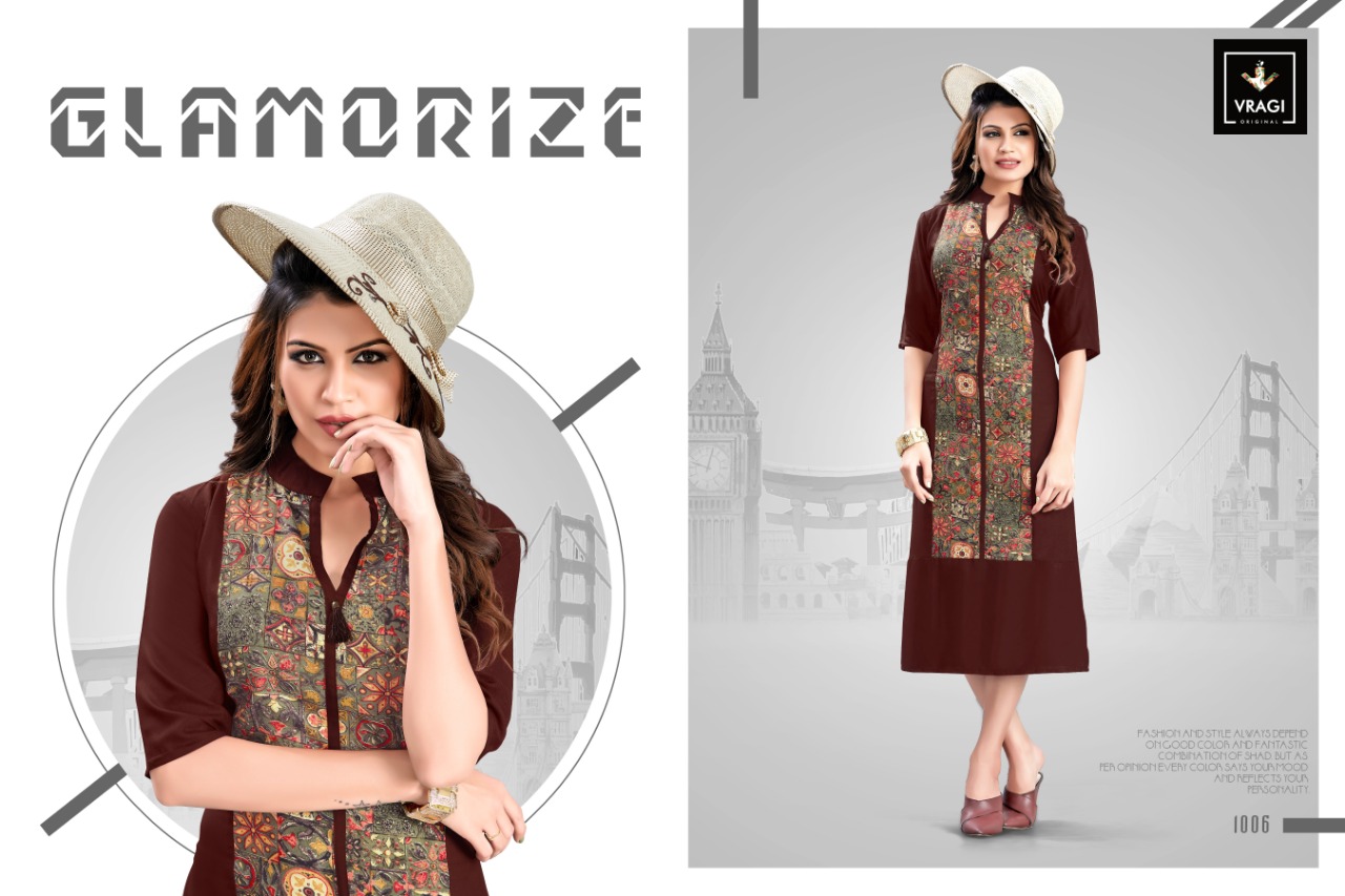 Glamorize By Vragi 1001 To 1008 Series Beautiful Colorful Stylish Fancy Casual Wear & Ethnic Wear & Ready To Wear Heavy Rayon Printed Kurtis At Wholesale Price