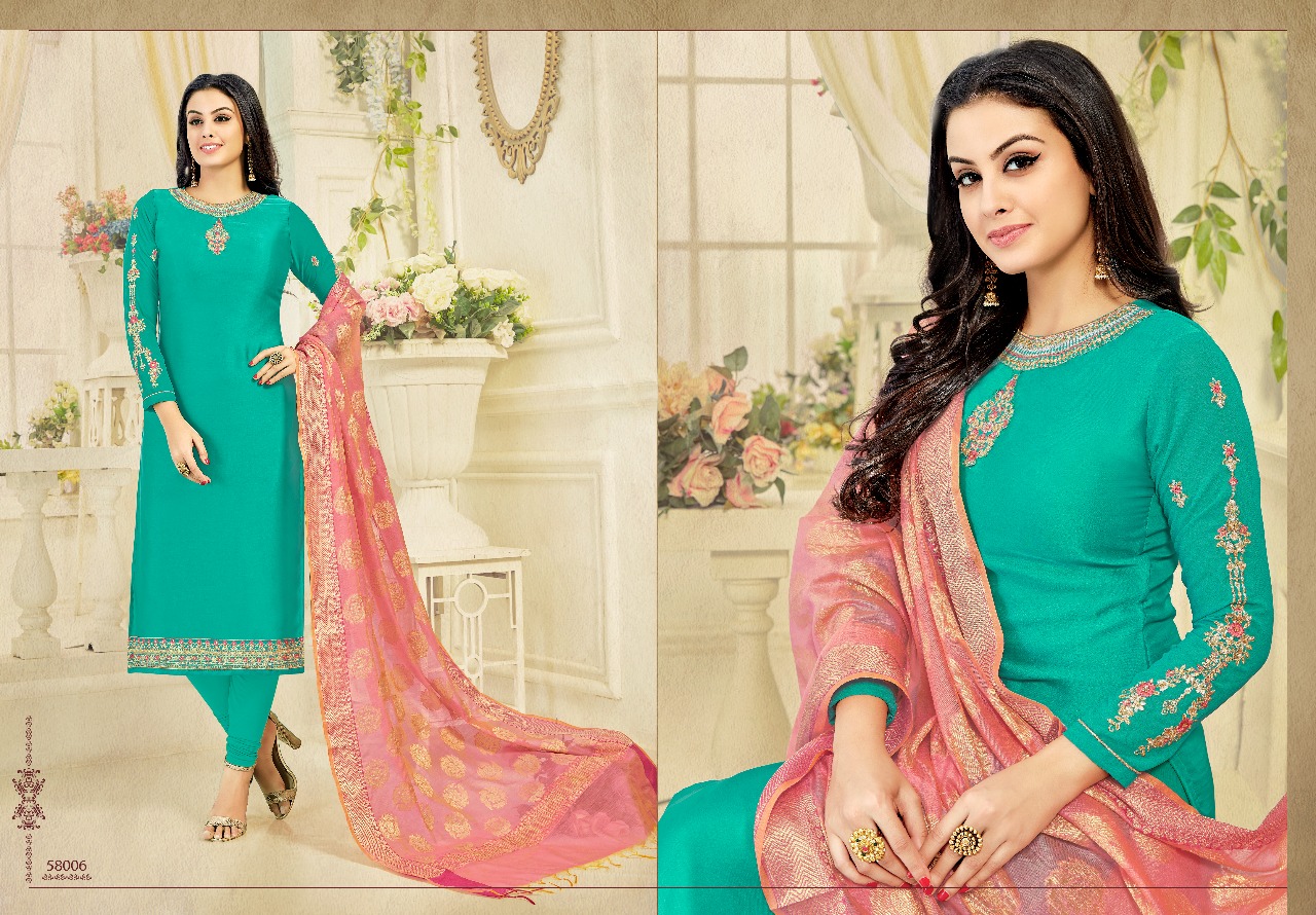 Glamour Vol-58 By Kavya Creation 58001 To 58012 Series Designer Suits Beautiful Stylish Colorful Fancy Party Wear & Occasional Wear Satin Georgette Embroidered Dresses At Wholesale Price