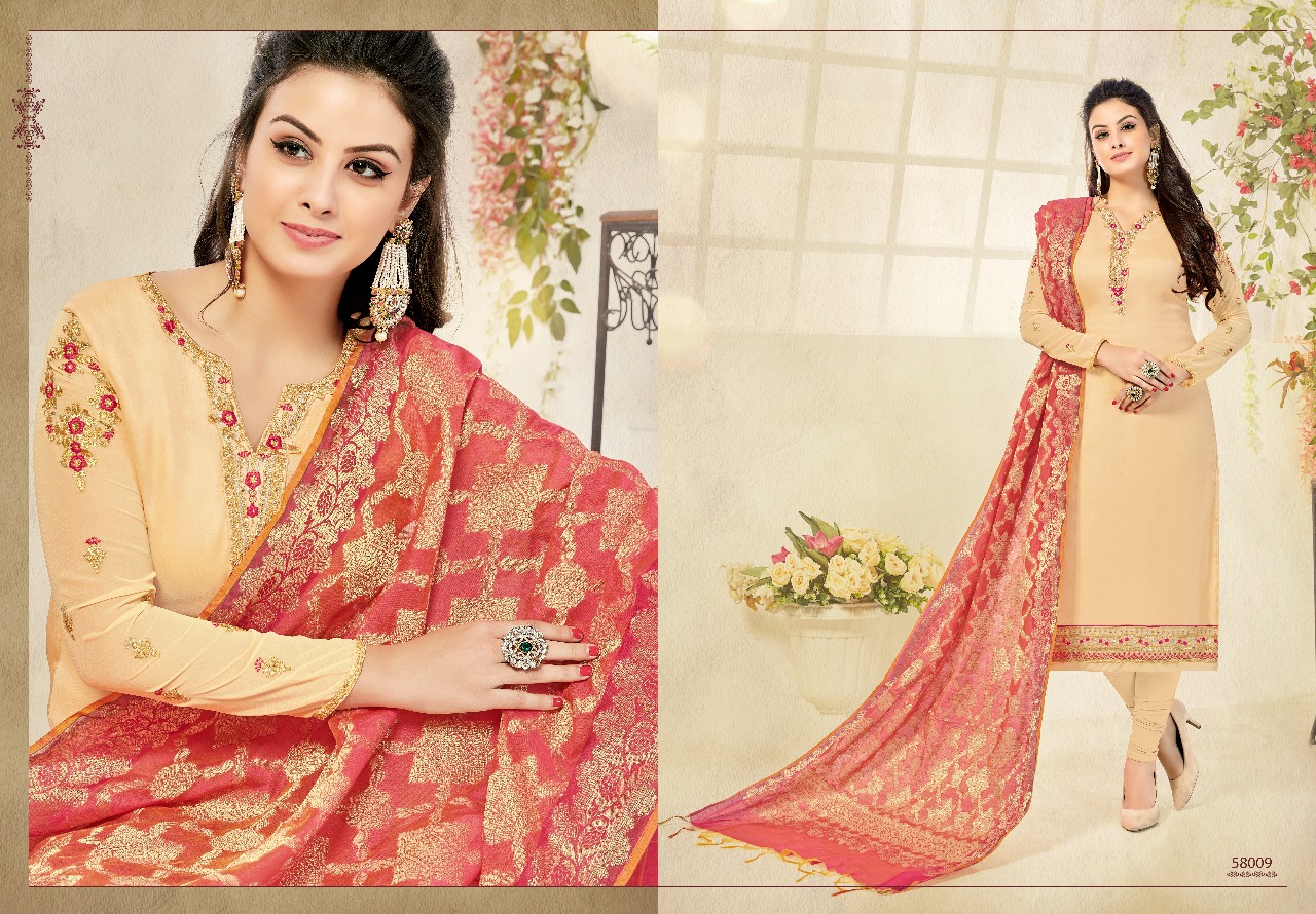 Glamour Vol-58 By Kavya Creation 58001 To 58012 Series Designer Suits Beautiful Stylish Colorful Fancy Party Wear & Occasional Wear Satin Georgette Embroidered Dresses At Wholesale Price