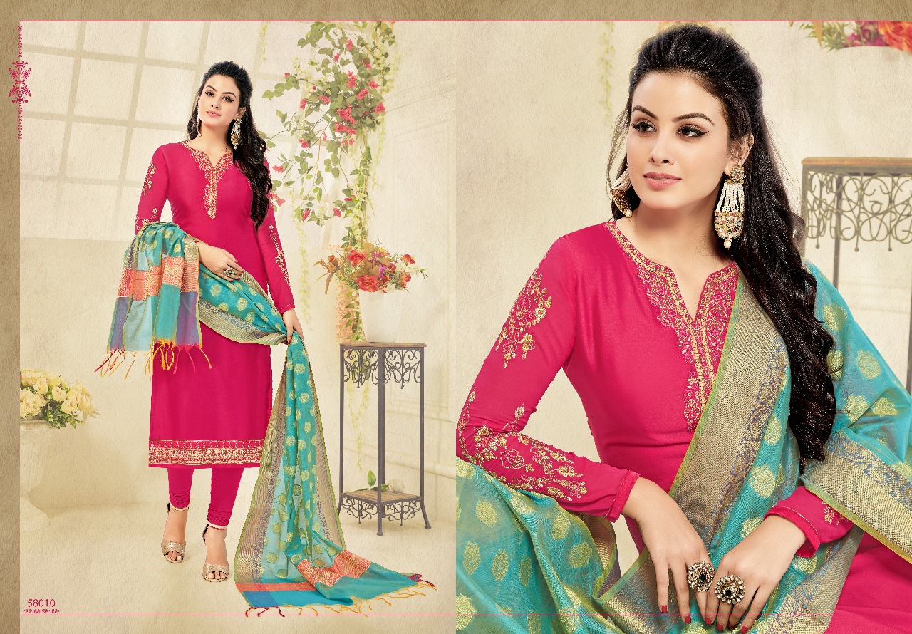 Glamour Vol-58 By Kavya Creation 58001 To 58012 Series Designer Suits Beautiful Stylish Colorful Fancy Party Wear & Occasional Wear Satin Georgette Embroidered Dresses At Wholesale Price