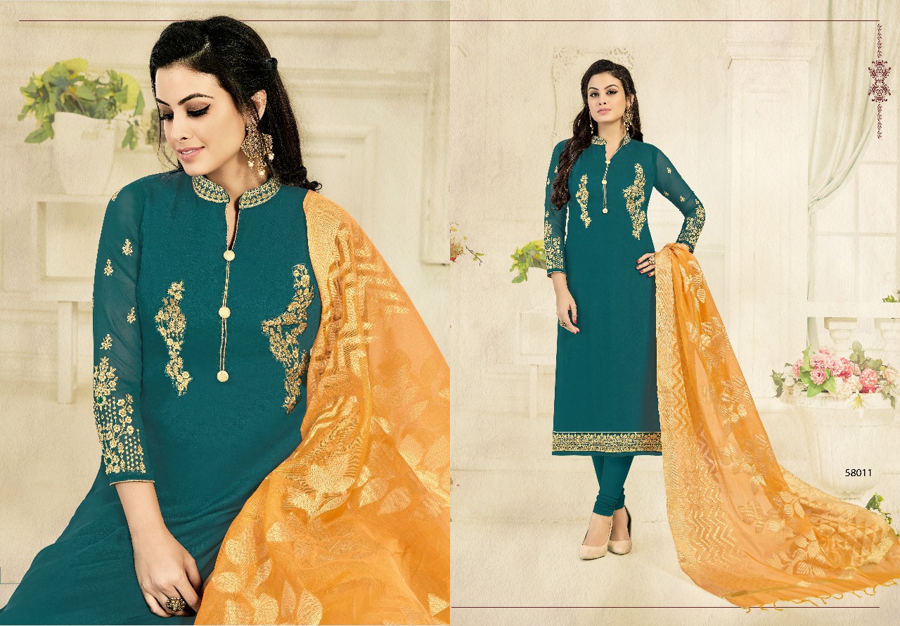 Glamour Vol-58 By Kavya Creation 58001 To 58012 Series Designer Suits Beautiful Stylish Colorful Fancy Party Wear & Occasional Wear Satin Georgette Embroidered Dresses At Wholesale Price
