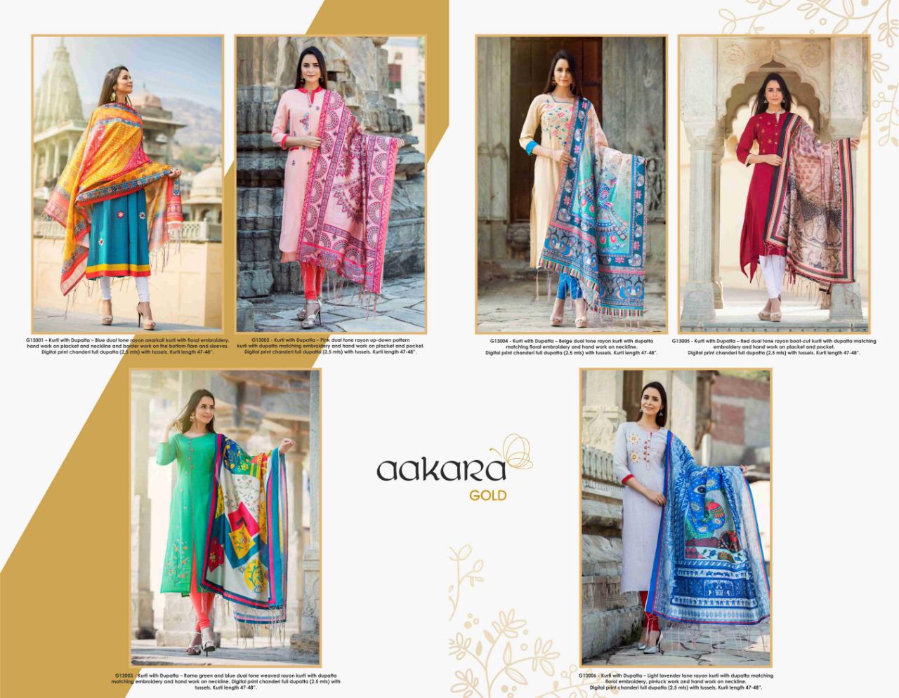 Gold Vol-13 By Aakara 13001 To 13006 Series Beautiful Colorful Stylish Fancy Casual Wear & Ethnic Wear & Ready To Wear Dual Tone Rayon Kurtis At Wholesale Price