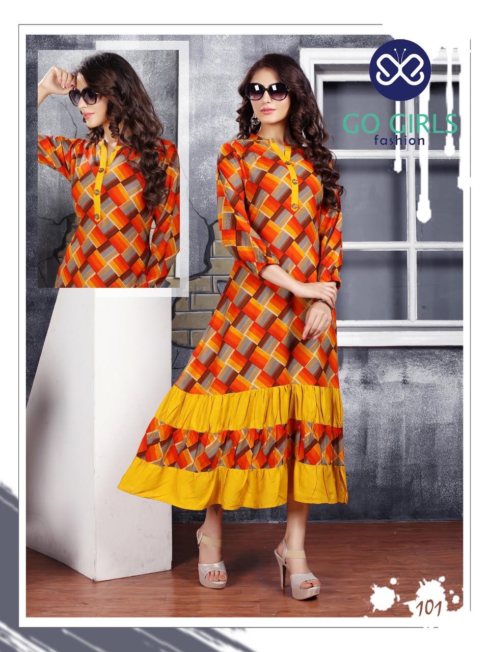 Gold By Go Girls Fashion 101 To 109 Series Beautiful Colorful Stylish Fancy Casual Wear & Ethnic Wear & Ready To Wear Rayon Kurtis At Wholesale Price