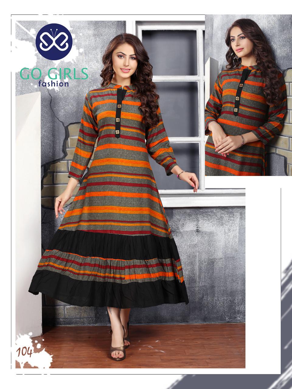 Gold By Go Girls Fashion 101 To 109 Series Beautiful Colorful Stylish Fancy Casual Wear & Ethnic Wear & Ready To Wear Rayon Kurtis At Wholesale Price