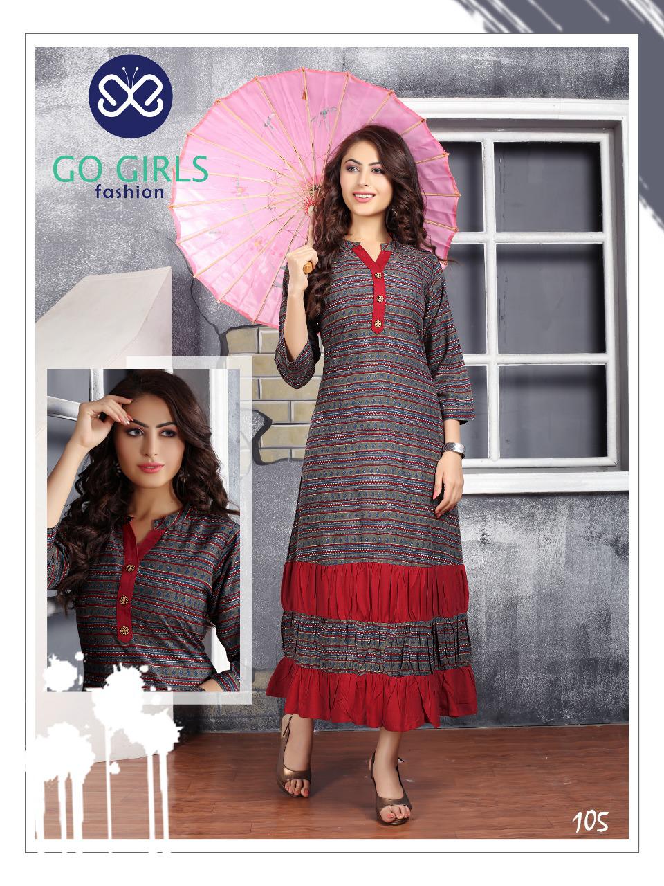 Gold By Go Girls Fashion 101 To 109 Series Beautiful Colorful Stylish Fancy Casual Wear & Ethnic Wear & Ready To Wear Rayon Kurtis At Wholesale Price