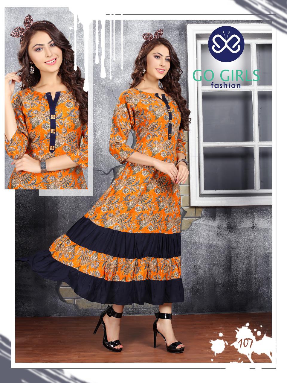 Gold By Go Girls Fashion 101 To 109 Series Beautiful Colorful Stylish Fancy Casual Wear & Ethnic Wear & Ready To Wear Rayon Kurtis At Wholesale Price