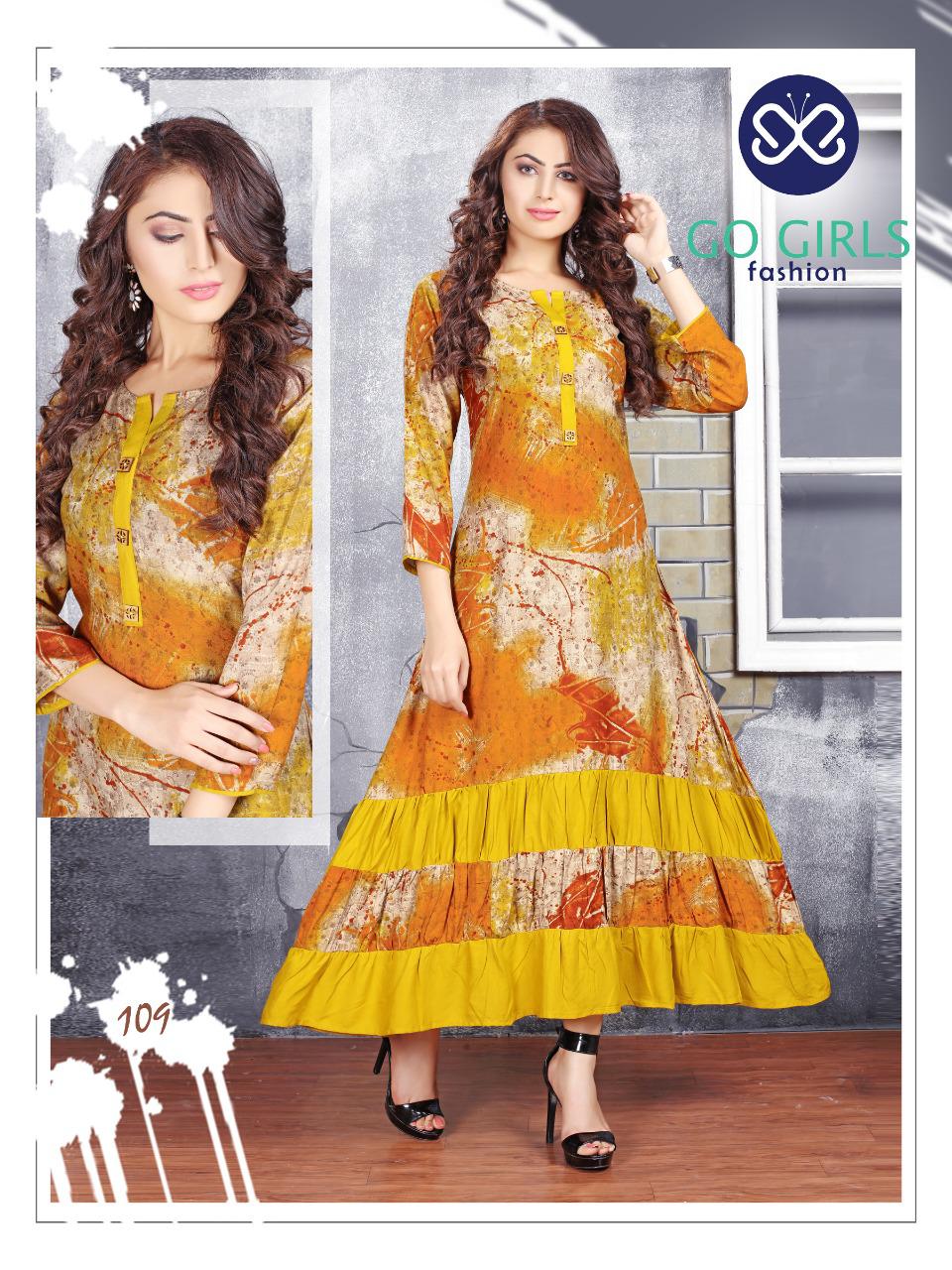 Gold By Go Girls Fashion 101 To 109 Series Beautiful Colorful Stylish Fancy Casual Wear & Ethnic Wear & Ready To Wear Rayon Kurtis At Wholesale Price