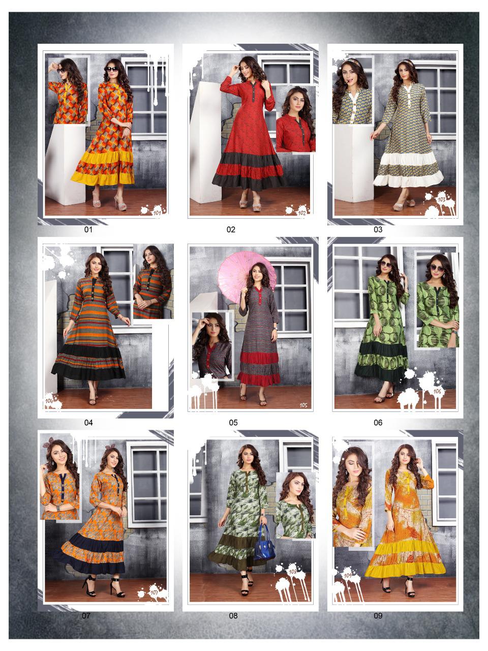 Gold By Go Girls Fashion 101 To 109 Series Beautiful Colorful Stylish Fancy Casual Wear & Ethnic Wear & Ready To Wear Rayon Kurtis At Wholesale Price